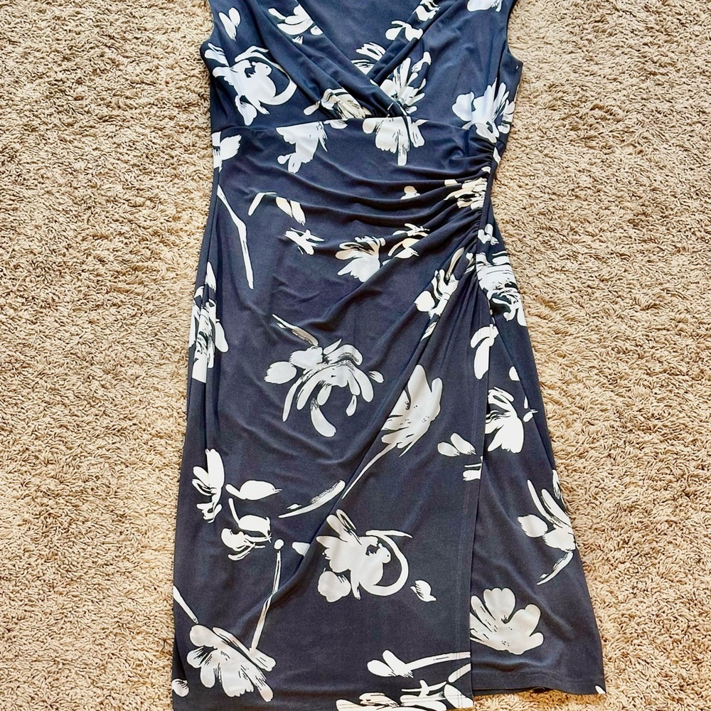 Lauren Ralph Lauren Womens 4 V Neck Ruched Gray Floral Jersey Dress Preowned